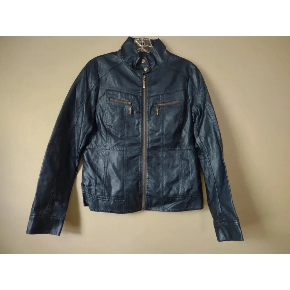 New Montana Co Size Small Faux Leather Jacket Shimmery Blue Mock Neck Biker Moto